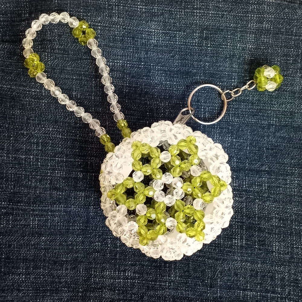 Vintage Green Clear Plastic Bead Coin Purse Keychain Craft Handmade Zipper Round